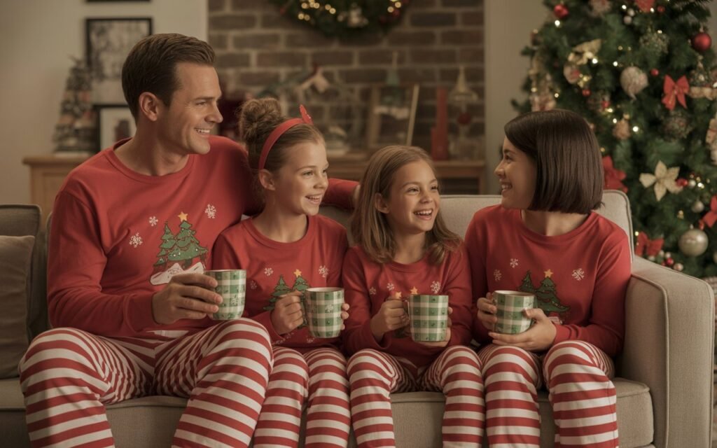 Family wearing matching Christmas pajamas