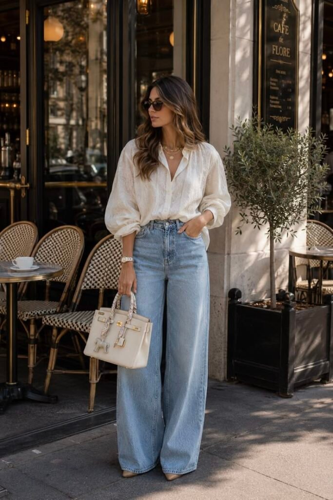 Statement blouse with wide leg jeans