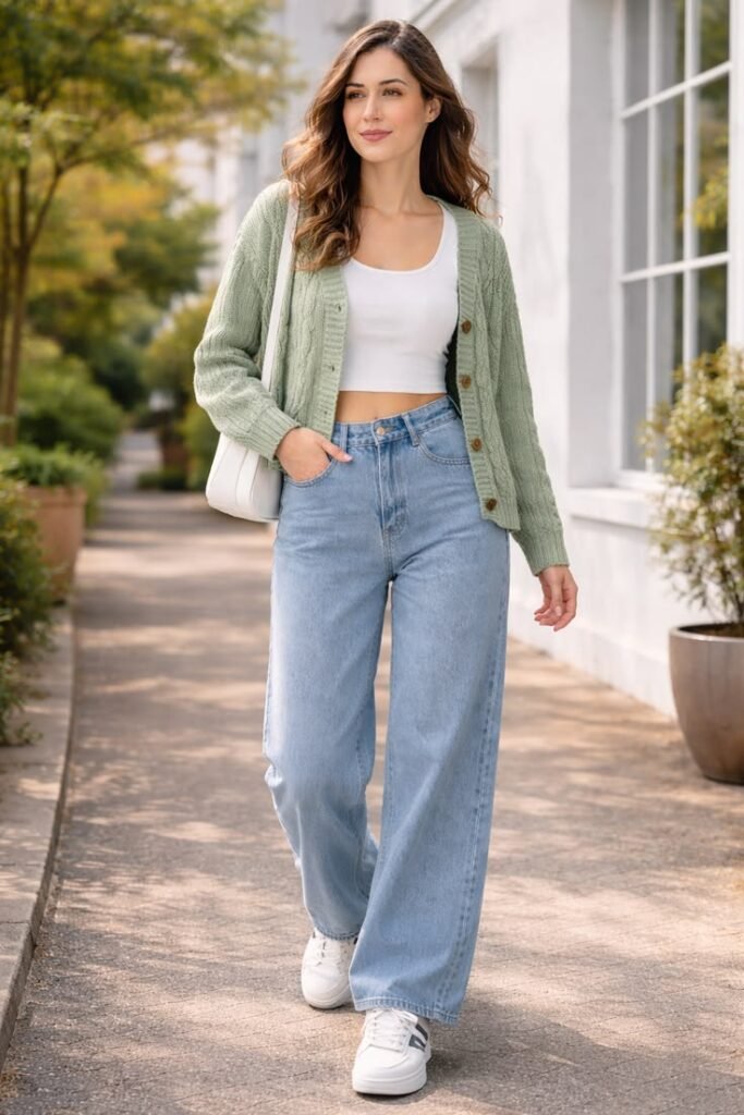 wide leg jeans with crop cardigan 
