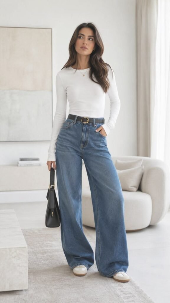 Sneakers with wide leg jeans