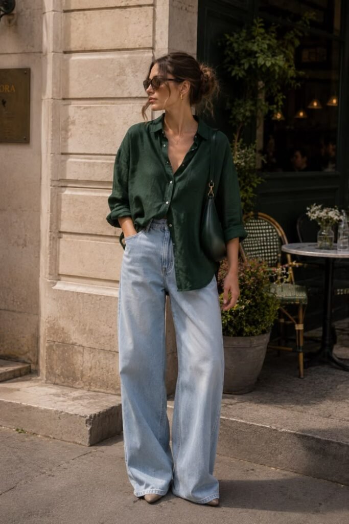 Button-down ideas with wide leg jeans
