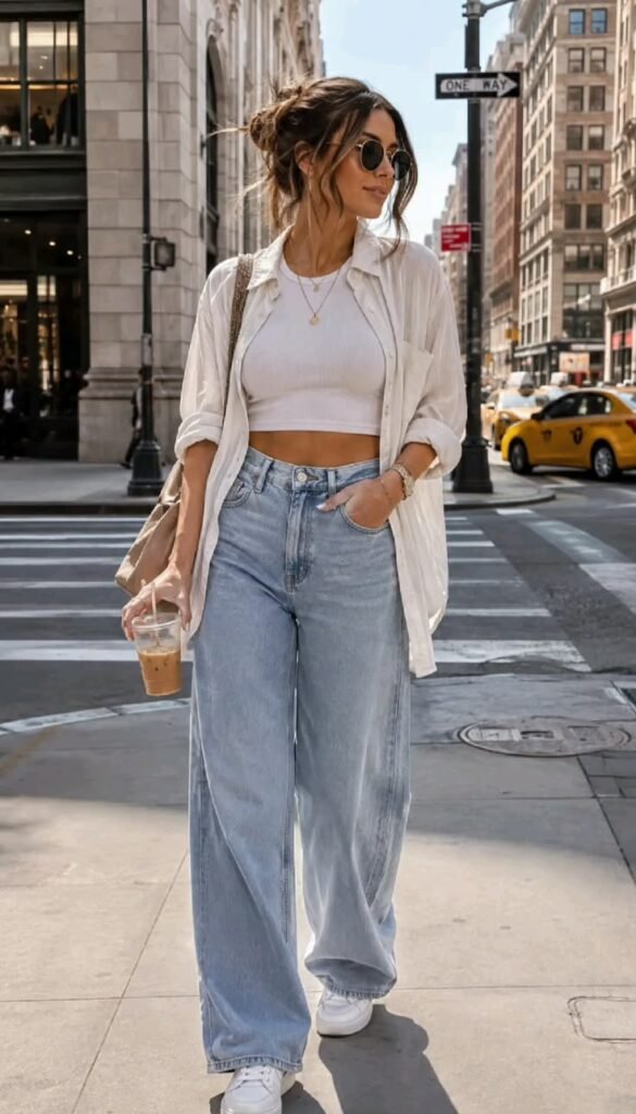 Linen shirt with wide leg jeans ideas