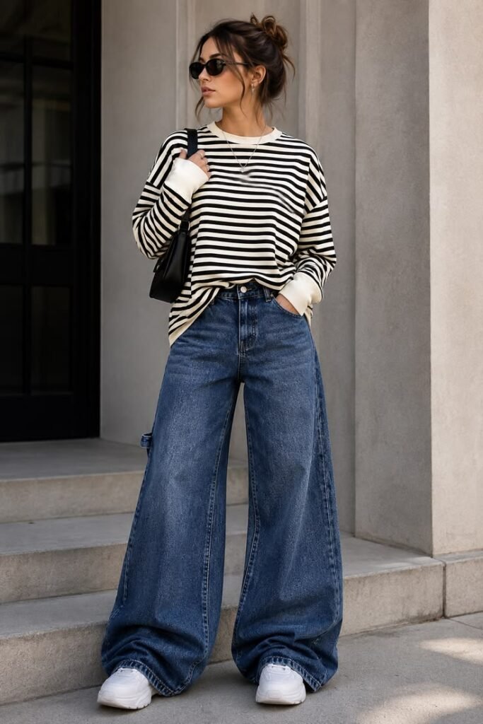 stripped top with wide leg jeans 