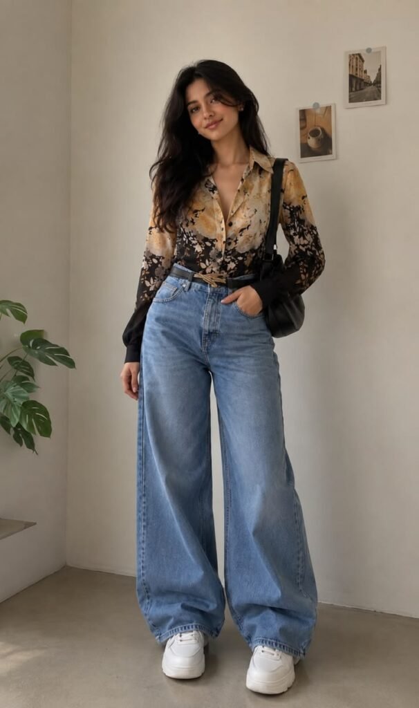 Floral blouse with wide leg jeans