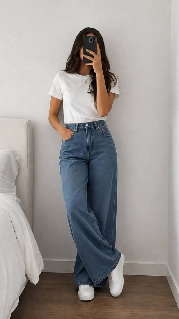 White tee with wide leg jeans